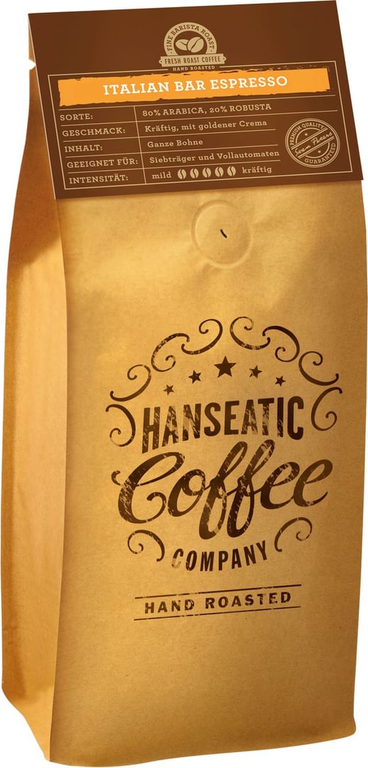 Hanseatic Coffee Italian Bar Espresso ganze Bohnen - 8 x 1 kg Karton