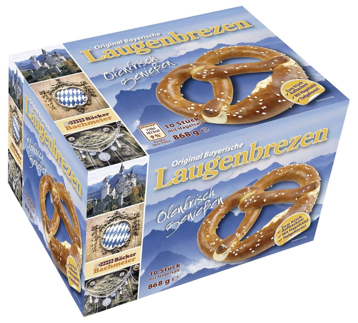 Bäcker Bachmeier - Laugenbrezen Teiglinge, tiefgefroren 10 Stück à 85 g & 18 g Hagelsalz - 868 g Schachtel