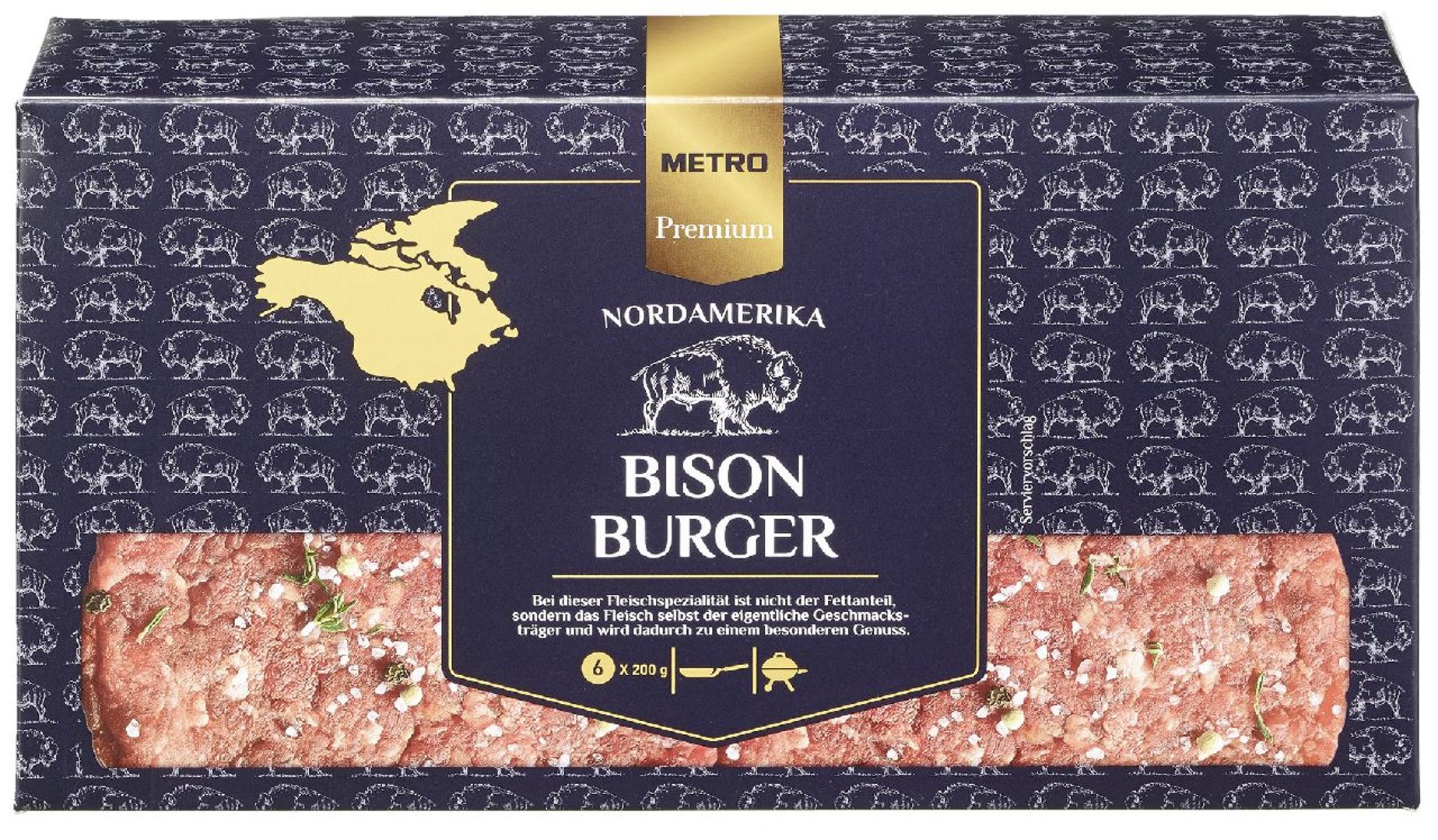 METRO Premium - Bison Burger tiefgefroren, roh, 6 Stück à 200 g, vak.-verpackt 1,2 kg Packung