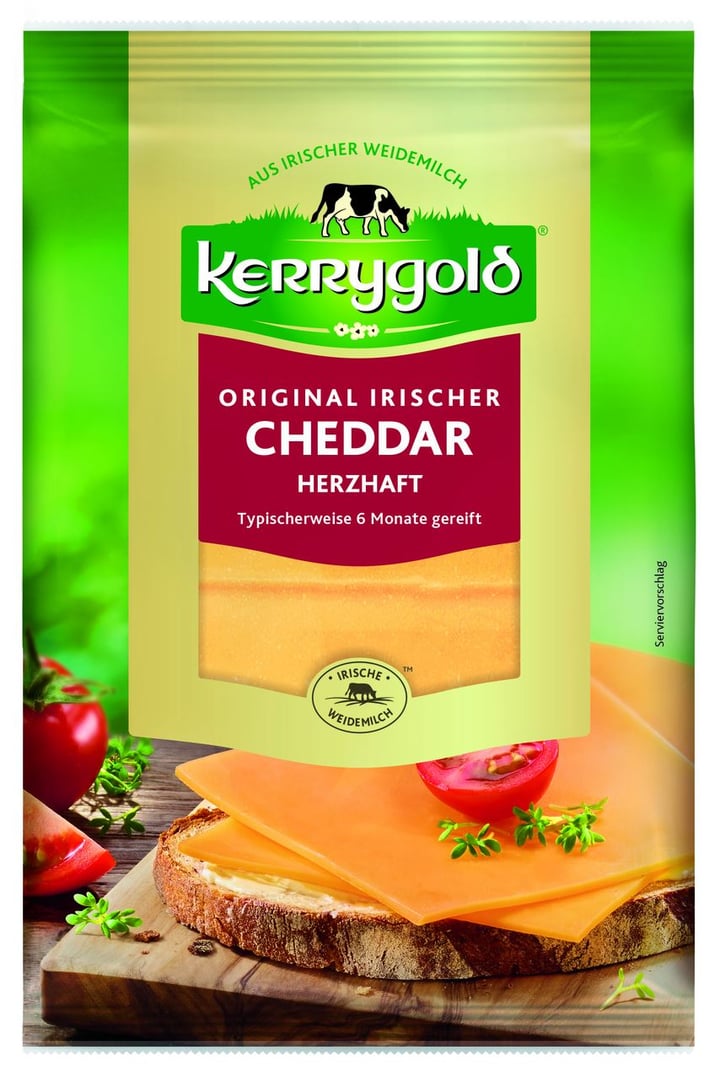 Kerrygold - Cheddar herzhaft geschnitten 48 % Fett, 6 Monate gereift 150 g Packung