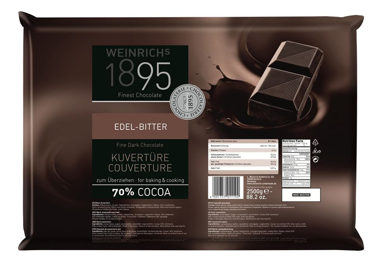 Weinrich - Kuvertüre Edelbitter 70 % Kakaogehalt 4 x 2,5 kg Packungen