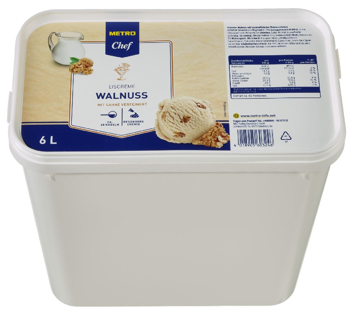 METRO Chef - Eiscreme Walnuss mit Sahne verfeinert, tiefgefroren - 6 l Kanne