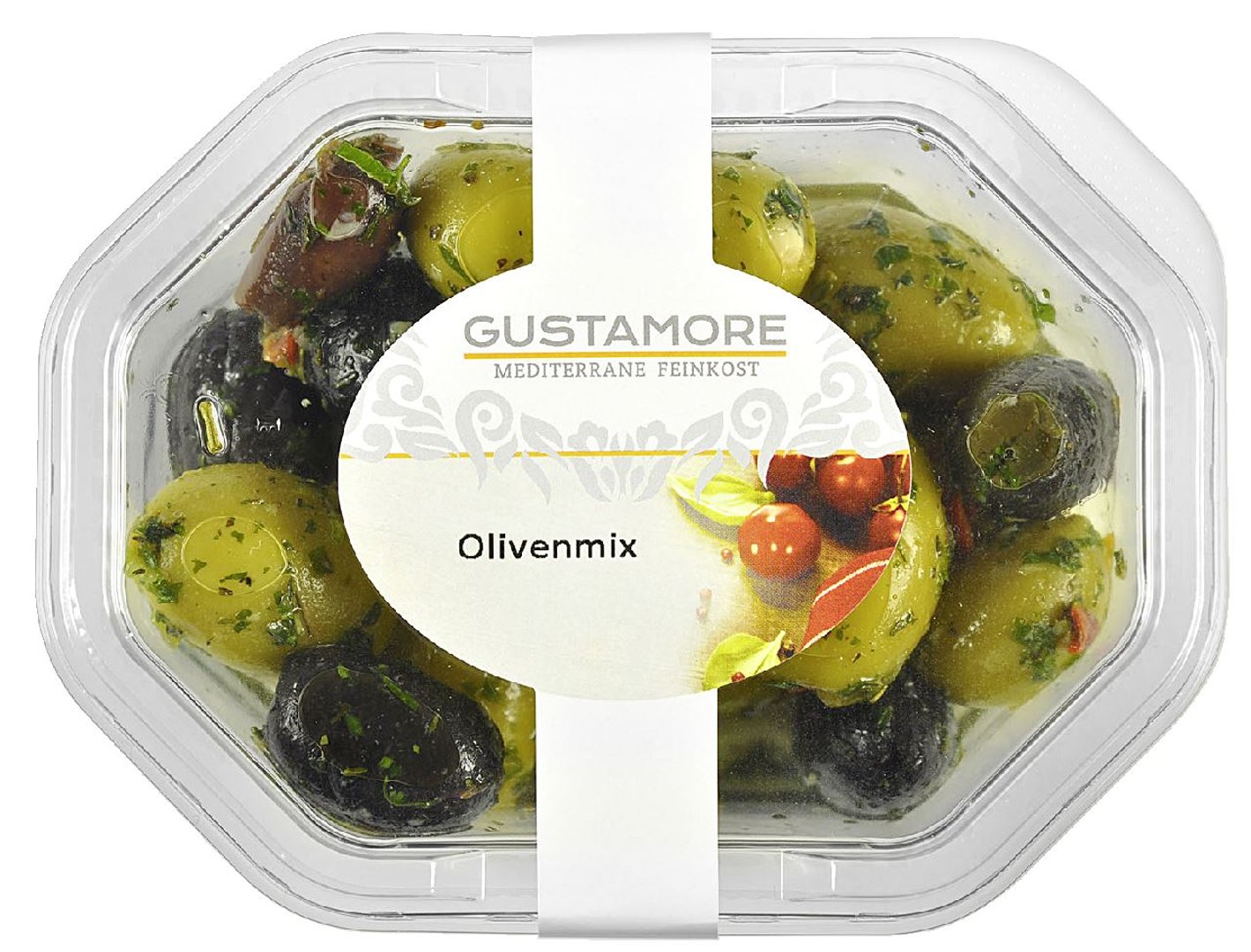 Gustamore - Olivenmix 5-fach sortiert in Öl, grüne und geschwärzte Oliven ohne Stein und grüne Oliven, gefüllt mit Paprika, Knoblauch oder Mandeln - 1 x 160 g Packung