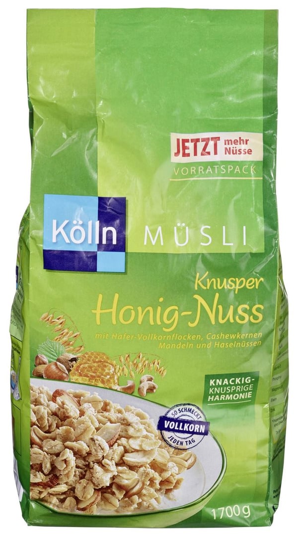 Kölln - Müsli Knusper Honig-Nuss Knuspriges Vollkorn-Getreideerzeugnis mit Honig und Nusskernen 5 x 1,7 kg Beutel