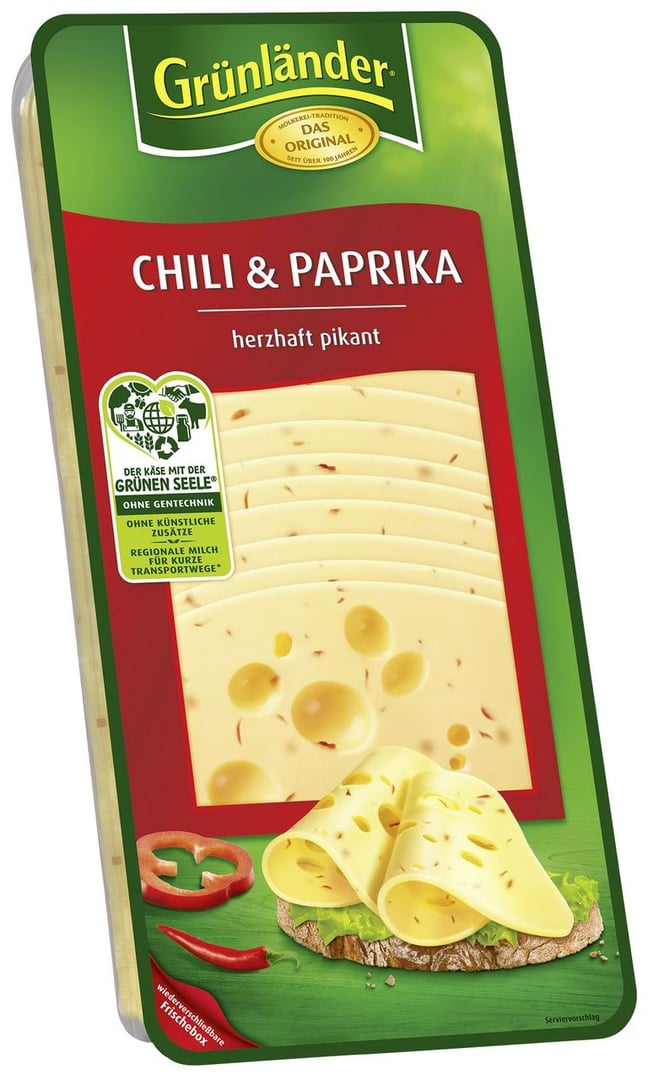 Grünländer - Chili & Paprika herzhaft pikant, Schnittkäse, 48 % Fett i. Tr. 500 g Packung