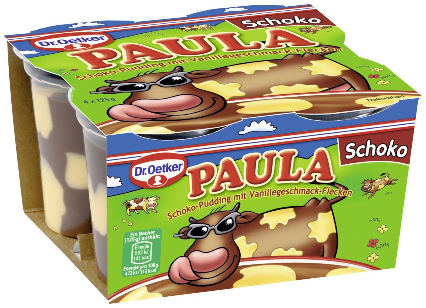 Paula - Pudding mit Flecken Schoko mit Vanille 4 x 125 g, 3,9 % Fett - 3 x 500 g Packungen