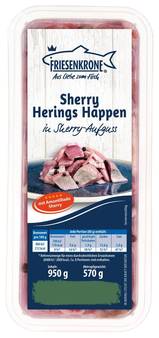Friesenkrone - Heringshappen mit Sherry-Note Abtropfgewicht 570 g - 950 g Schachtel