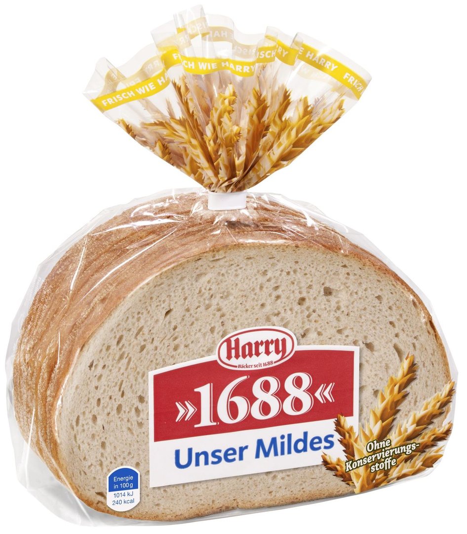 Harry - 1688 Unser Mildes verzehrfertig, geschnitten, Weizenmischbrot mit 58% Weizenmehl 500 g Beutel