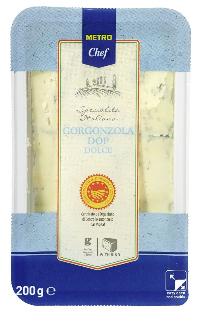 METRO Chef - Gorgonzola Dolce mit Rinde, DOP, norditalienischer Blauschimmelkäse, 48 % Fett i. TR. - 14 x 200 g Packungen