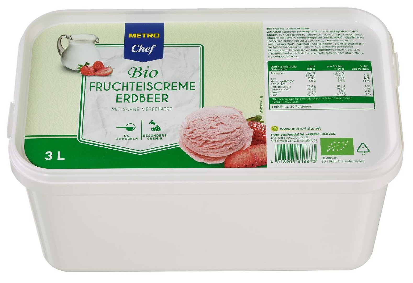 METRO Chef - Bio Fruchteiscreme Erdbeere, tiefgefroren - 3 l Kanne
