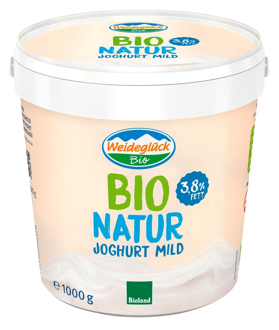 Weideglück - BIO Natur Joghurt mild 3,8 % Fett im Milchanteil 2,5 % Fett - 1,00 kg Eimer