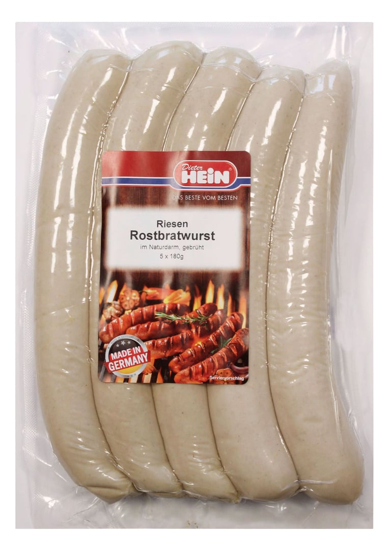 Dieter Hein - Riesen Bratwurst in Naturdarm gekühlt gebrüht 5 Stück à 180 g - 1 x 900 g Packung