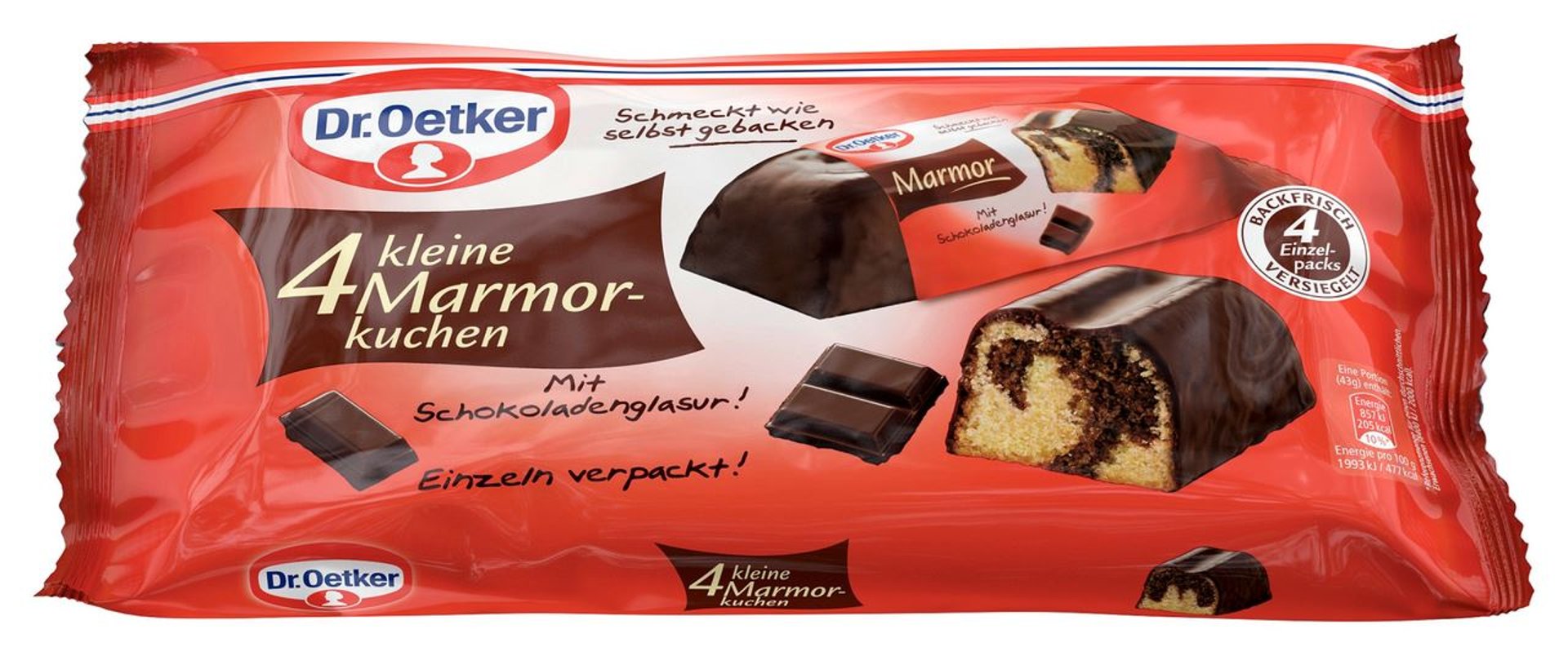 Dr. Oetker - Fertiger Kleiner Marmorkuchen Rührkuchen überzogen mit Schokolade, 4 Stück à 43 g 172 g Beutel