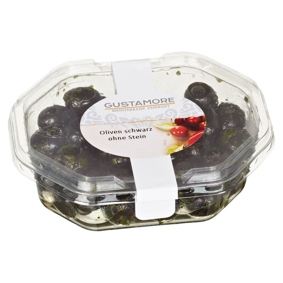 Gustamore - Antipasti schwarze Oliven eingelegt in Öl mit frischen Kräutern & Knoblauch 160 g Packung
