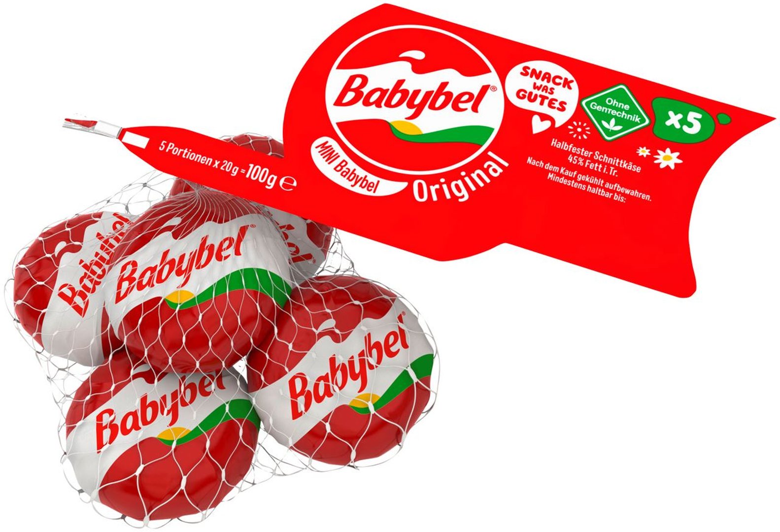 Mini Babybel - Käse-Snack Original Natur 45 % gekühlt 5 Stück à 20 g - 100 g Netz
