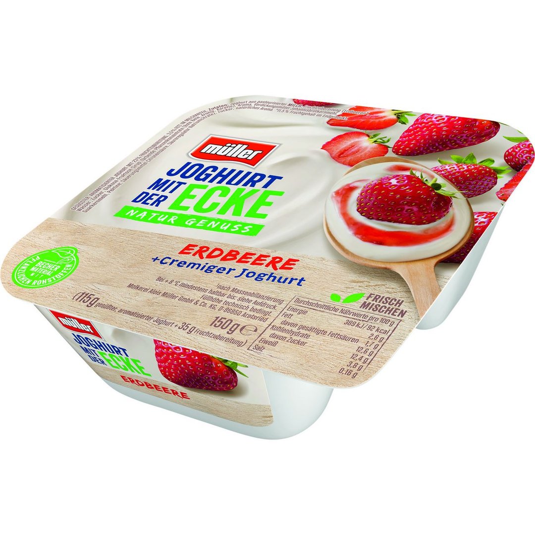 müller - Joghurt mit der Ecke Erdbeere 3,5 % Fett im Milchanteil - 150 g Becher