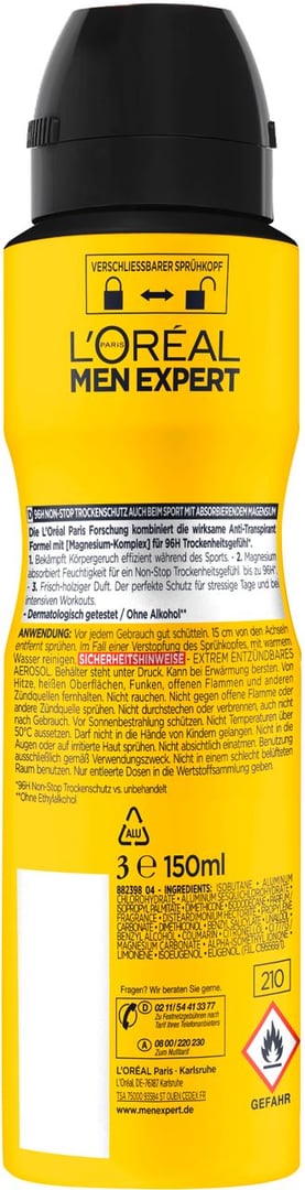 L'Oréal Men Expert Deo Spray Invincible Sport 96h Anti-Transpirant - 150 ml Dose