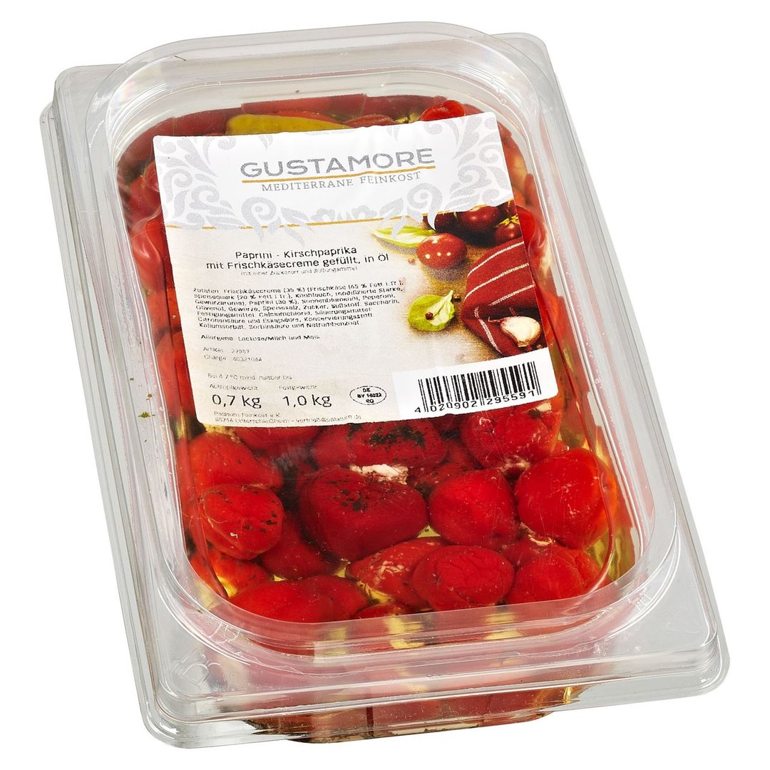 Gustamore - Kirschpaprika gefüllt mit Frischkäsecreme, eingelegt in Öl 3 x 1 kg Packungen