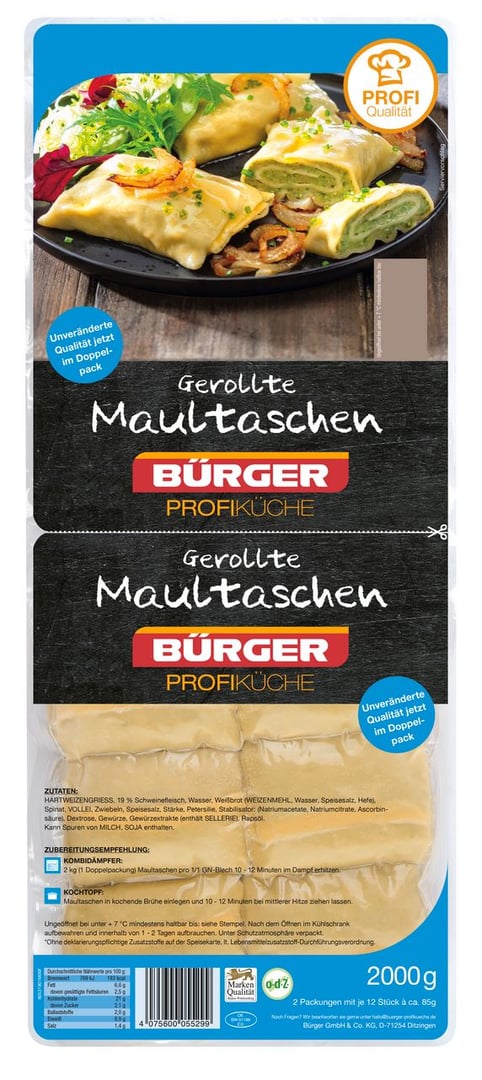 Bürger - Gerollte Maultaschen mit Fleischfüllung, gekühlt, 24 Stück à ca. 83 g - 2 kg Schale