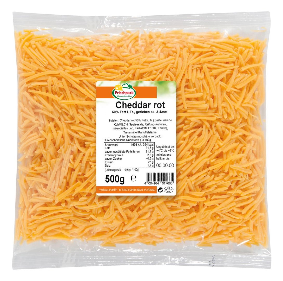 Frischpack - Cheddar rot gerieben 50 % Fett - 1 x 500 g Packung