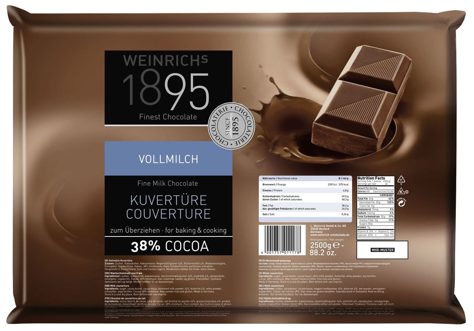 Weinrich - Kuvertüre Vollmilch 38% Kakaogehalt 4 x 2,5 kg Packungen