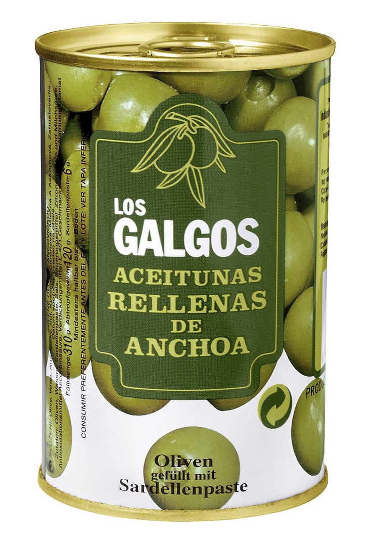 Hellriegel - Los Galgos Oliven Grün, gefüllt mit Sardellenpaste - 314 ml Dose