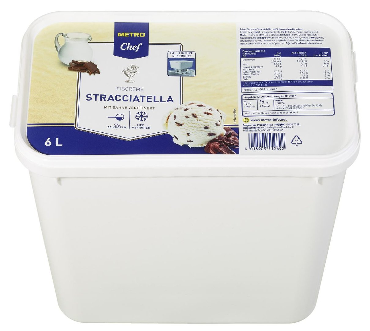 METRO Chef - Eiscreme Stracciatella mit Sahne verfeinert, tiefgefroren - 6 l Kanne