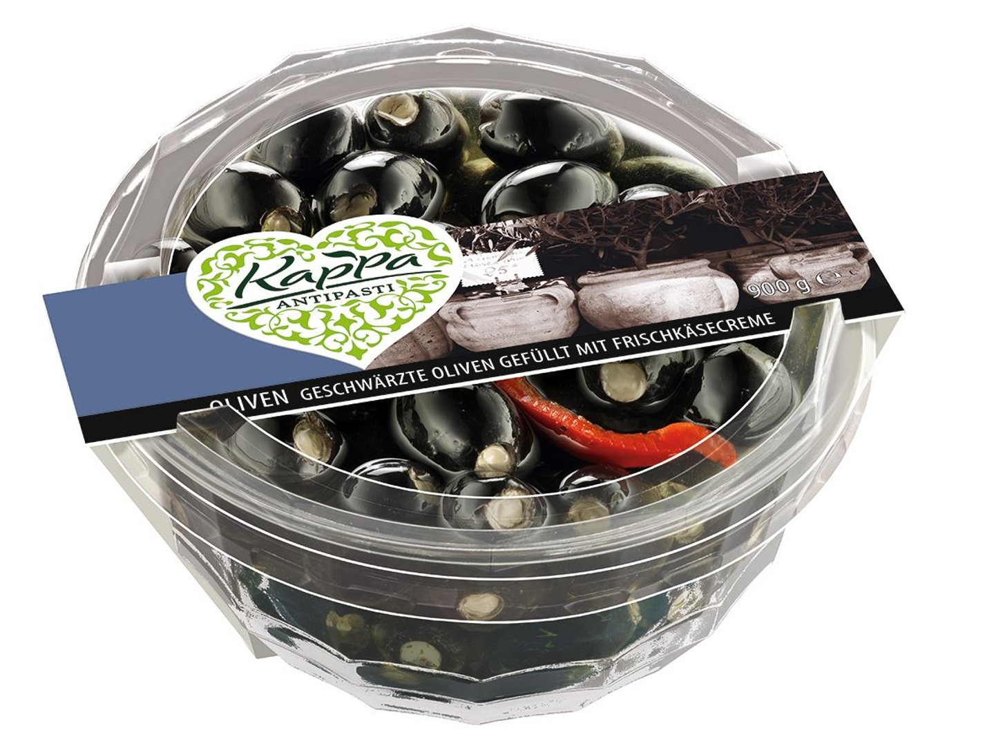 Kappa - Oliven gefüllt Schwarz Frischkäse gekühlt - 900 g Packung