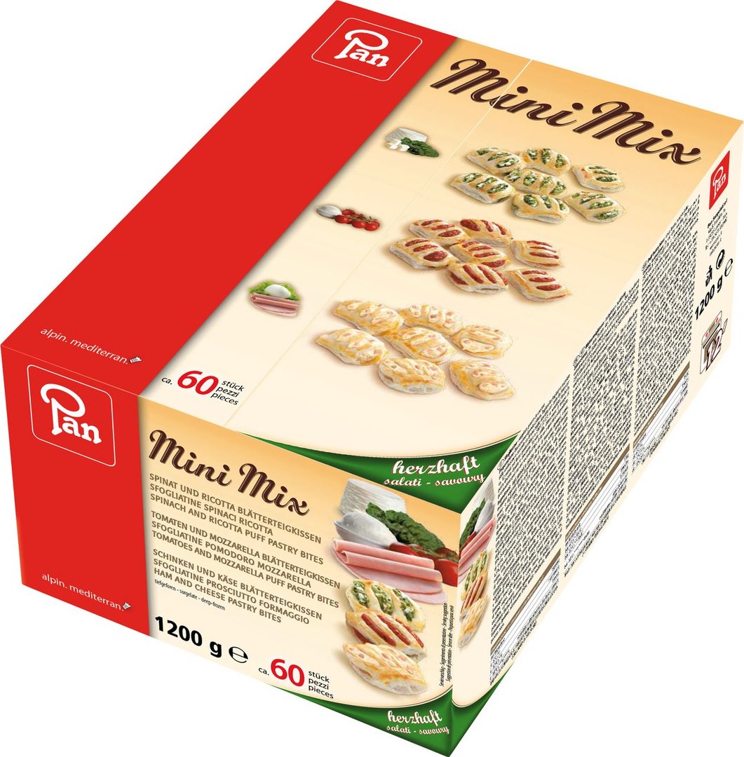 Pan - Mini Mix Blätterteigkissen tiefgefroren, Spinat & Ricotta, Schinken & Käse, Tomate & Mozzarella, 60 Stück à 20 g - 1,2 kg Packung
