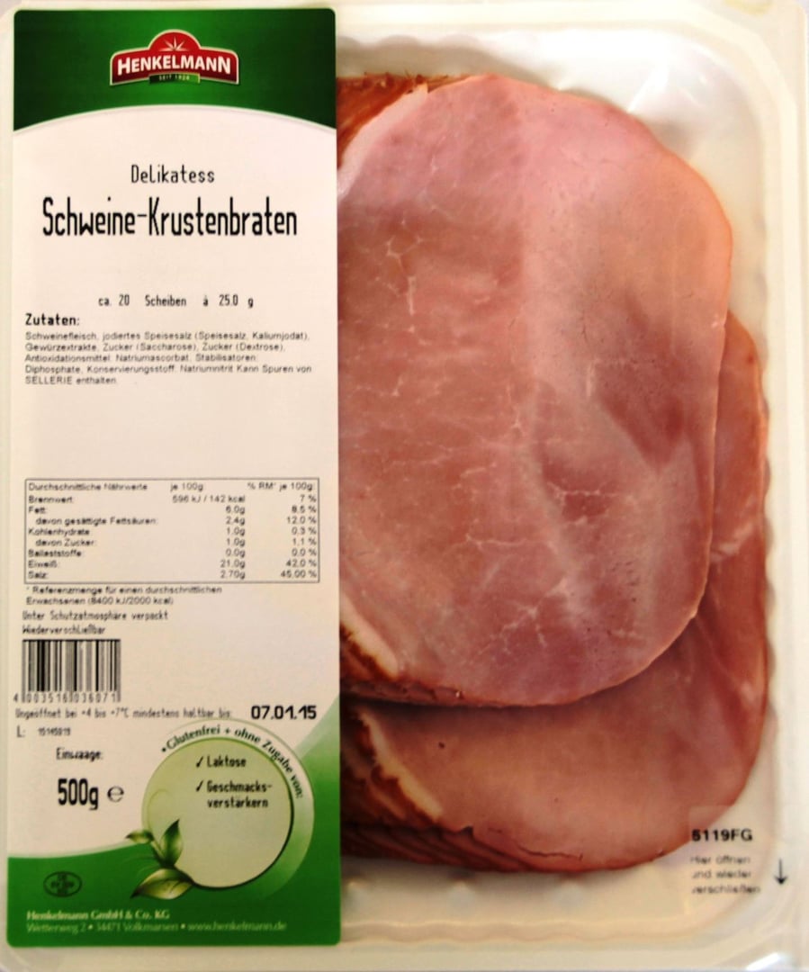 Henkelmann - Delikatess Schweinekrustenbraten geschnitten gepökelt, vak.verpackt 500 g Packung
