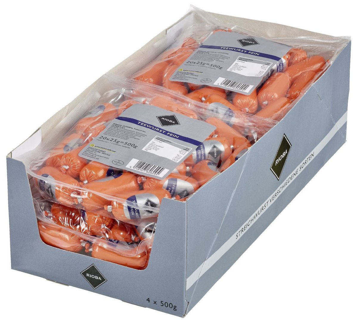 RIOBA - Teewurst fein, 20 Stück à 25 g - 4 x 500 g Karton