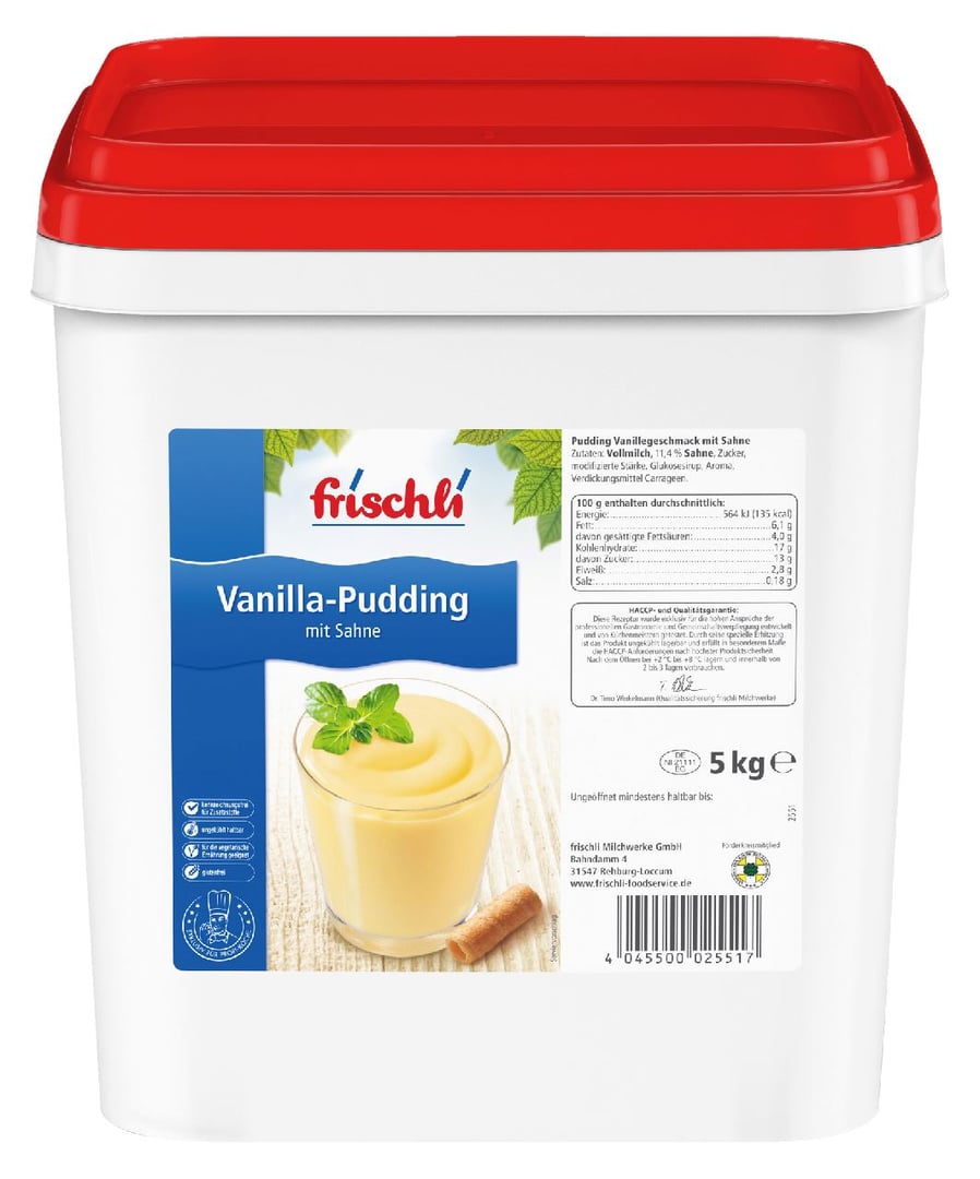 Frischli - Pudding Vanille mit Sahne, 5,8 % Fett 5 kg Eimer