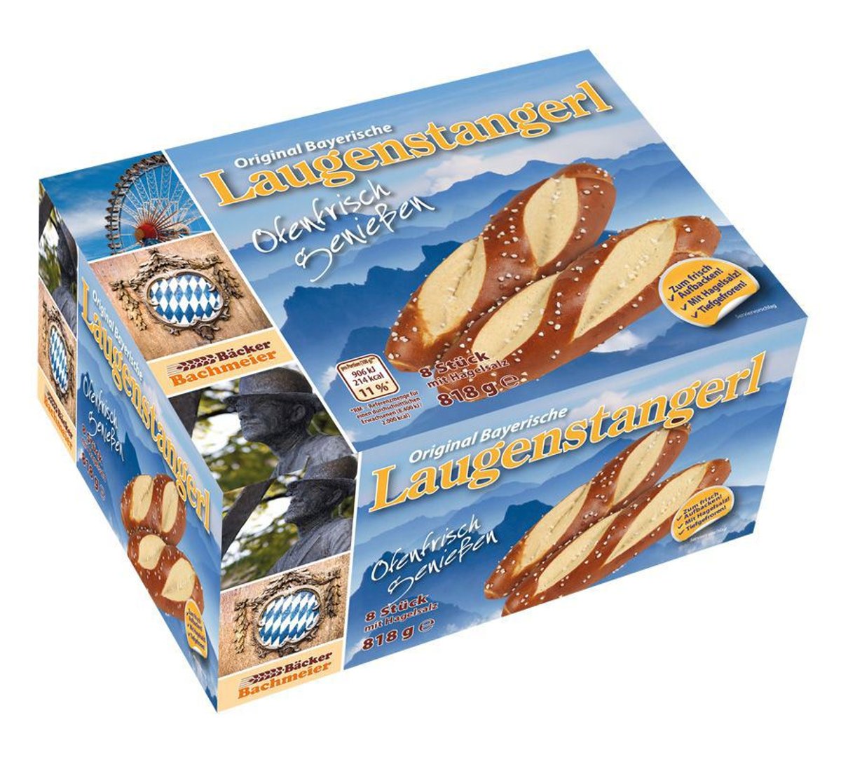 Bäcker Bachmeier - Bayerische Laugenstangerl, tiefgefroren, 8 Stück à 100 g & 18 g Hagelsalz - 818 g Schachtel