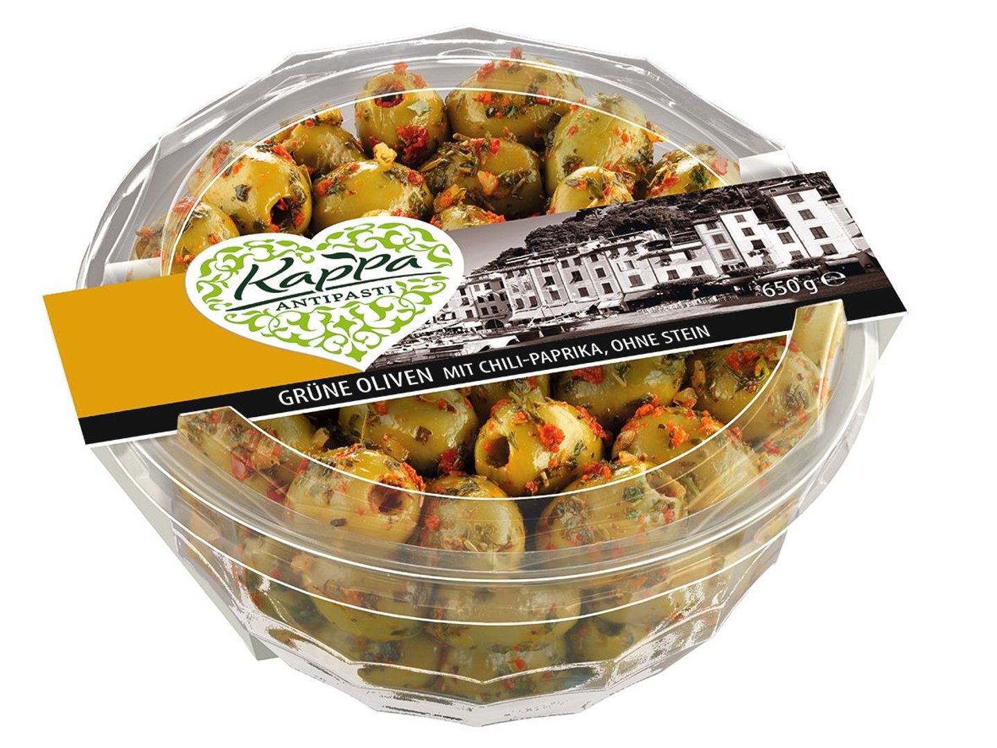 Kappa Oliven Grün ohne Stein, pikant, mit Kräuter & Chili gekühlt - 650 g Schale
