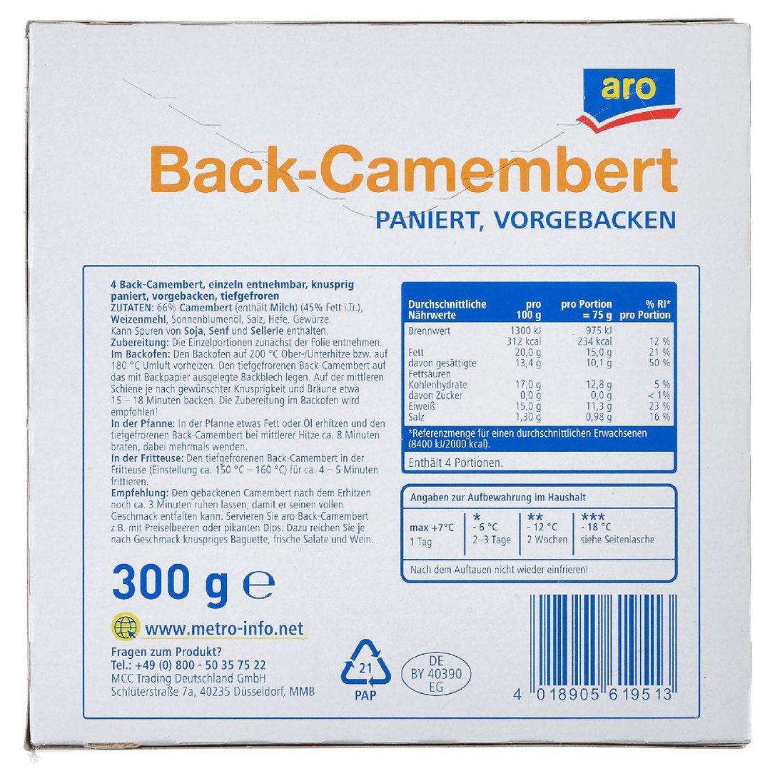 aro - Back Camembert tiefgefroren,vorgebacken, paniert, 4 Stück à 75 g 300 g Packung