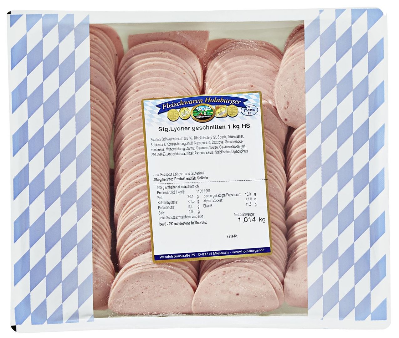 Holnburger - Lyoner Stangen geschnitten Schweinefleisch (63 %), Rindfleisch (5 %) & Speck 1 kg