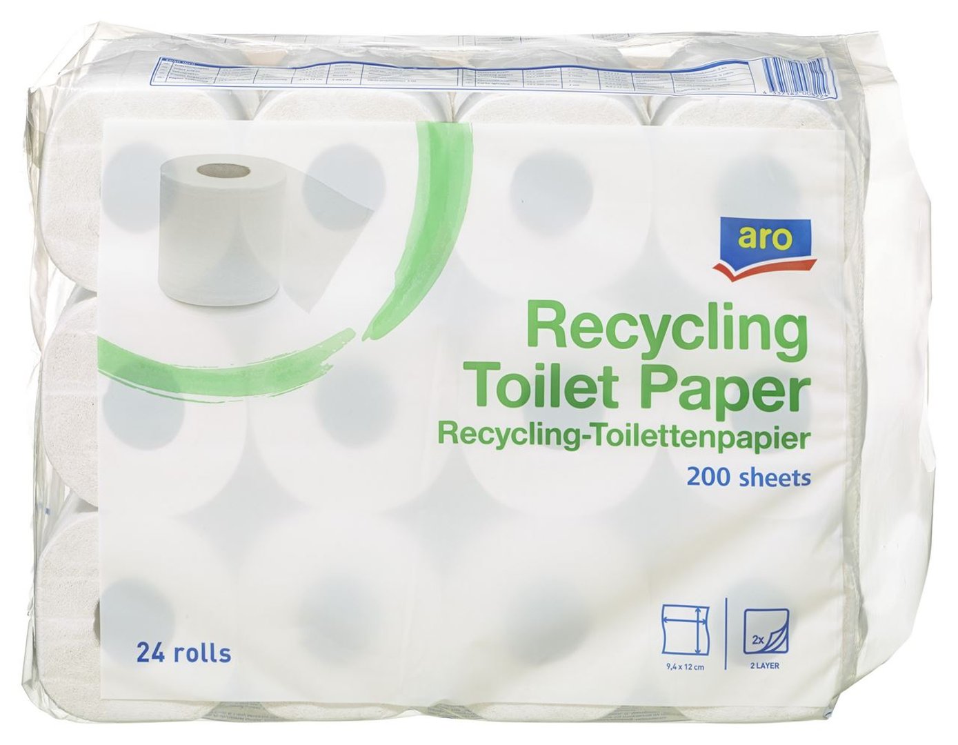 aro - Toilettenpapier Recycling Weiß 2-lagig, 24 Rollen à 200 Blatt