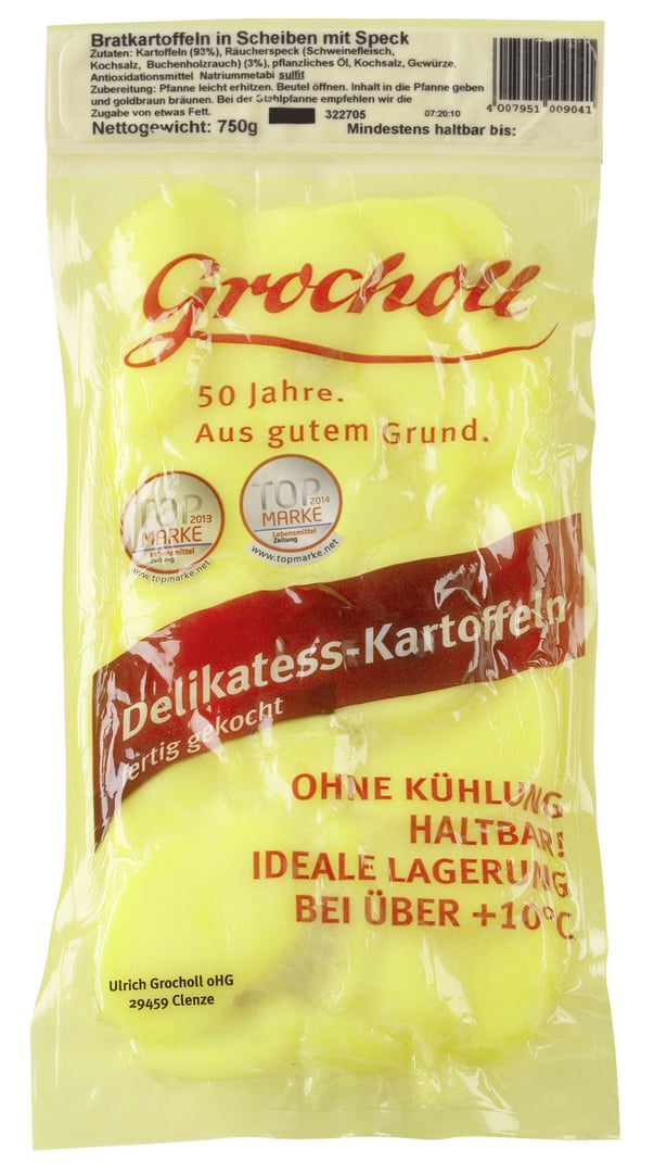 Grocholl - Delikatess-Bratkartoffeln in Scheiben mit Speck 750 g Beutel
