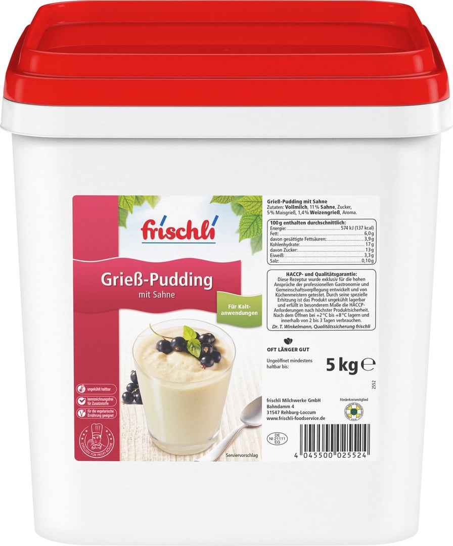 Frischli - Pudding Grieß mit Sahne, 6 % Fett 5 kg Eimer