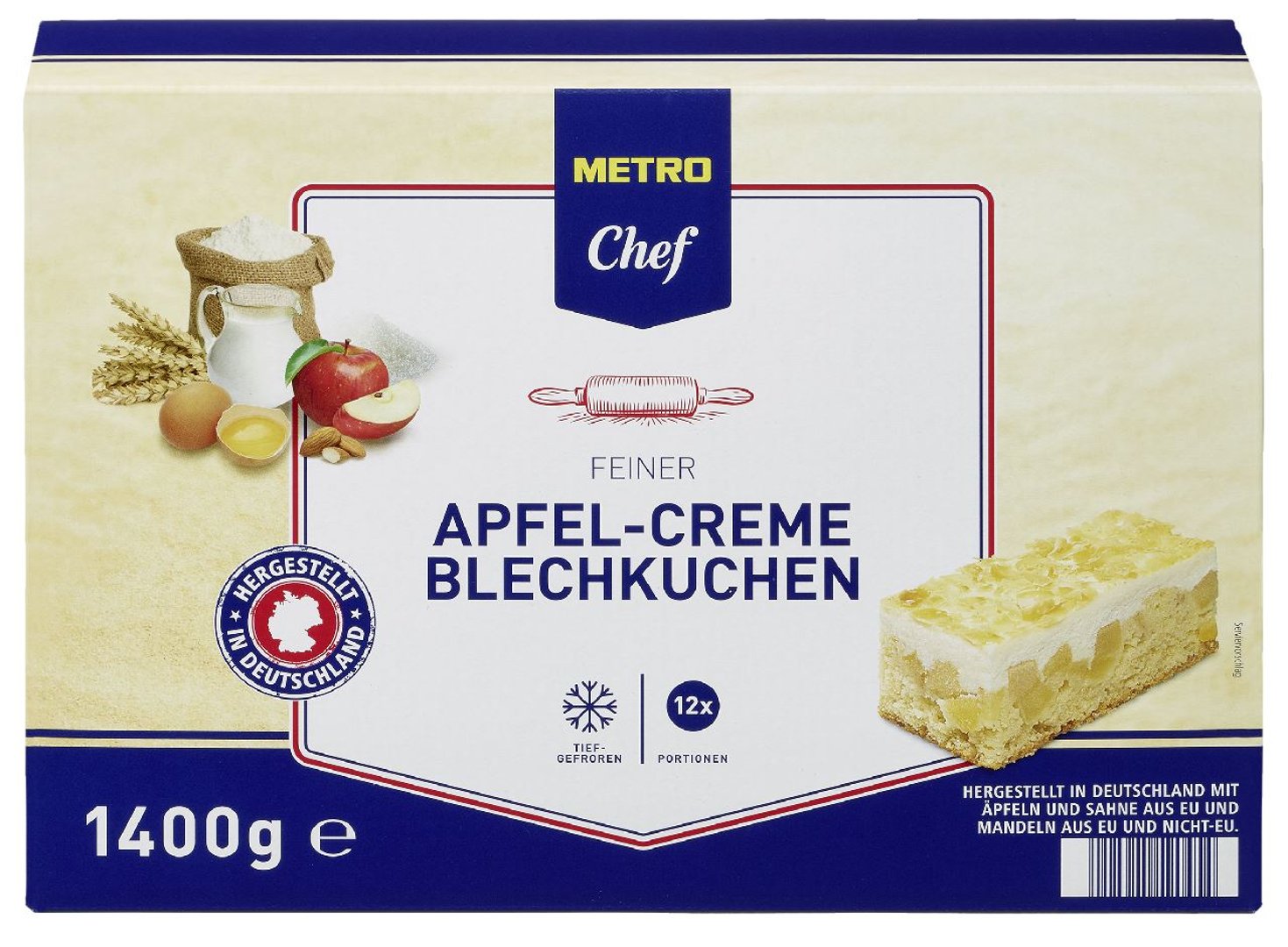 METRO Chef - Feiner Apfel-Creme Schnitte Blechkuchen, tiefgefroren 12 Portionen - 1,4 kg Packung