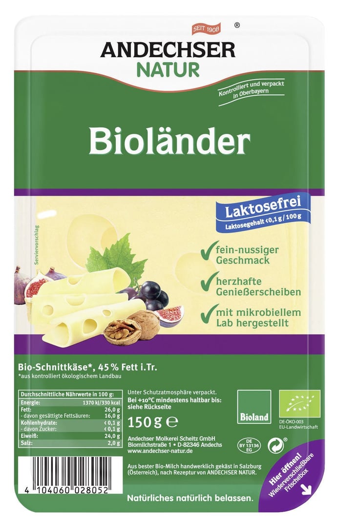 Andechser - Natur Bio Bioländer 45 % Fett i. Tr. Schnittkäse - 150 g Packung