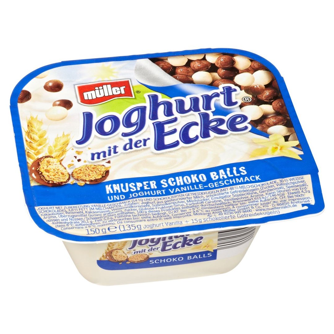 müller - Joghurt mit der Ecke Knusper Schokoballs mit Vanille-Geschmack 3,8 % Fett - 12 x 150 g Becher