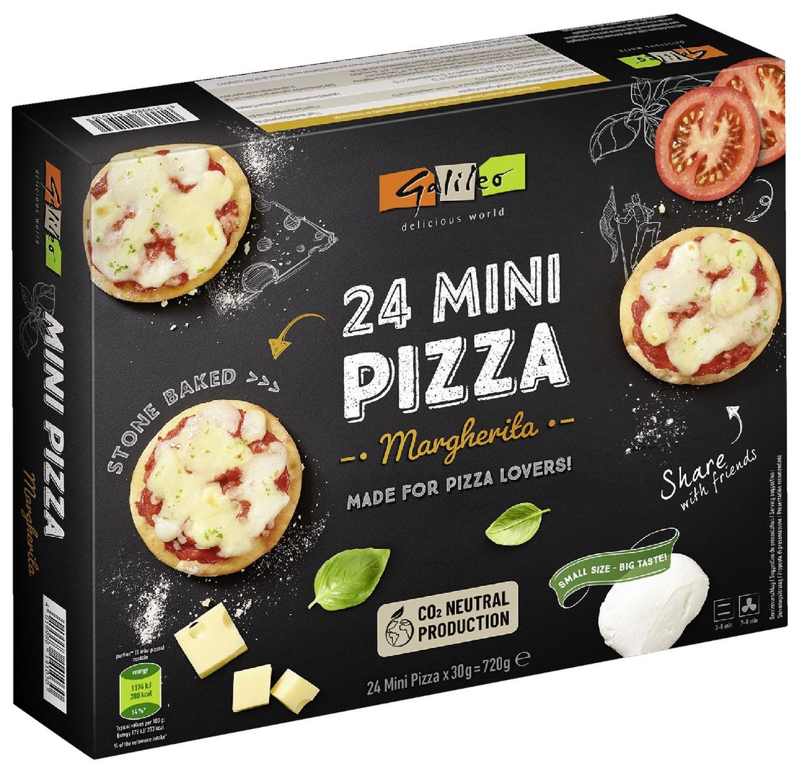 Galileo Mini-Pizza Margherita, 24 Stück à ca. 30 g, tiefgefroren - 720 g Faltschachtel