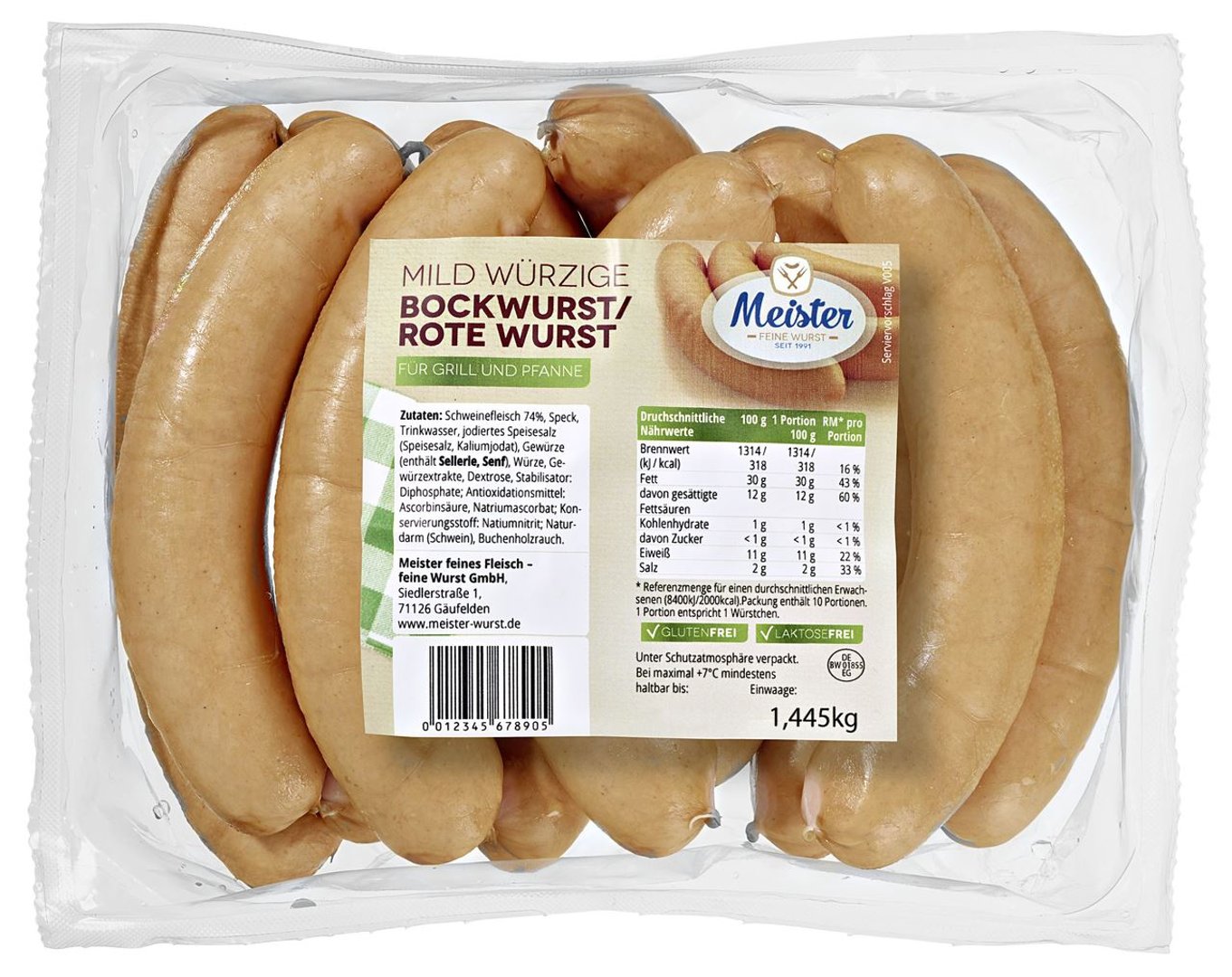 Meister - Bockwurst gebrüht, 10 Stück à ca. 120 g, mild würzig, Aromaschutz-verpackt ca. 1,2 kg Packung