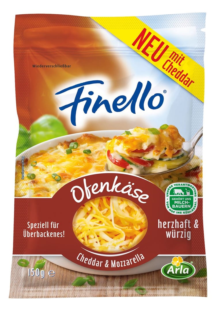 Arla - Finello Ofenkäse Cheddar & Mozzarella gerieben, 46 % Fett i. Tr. 150 g