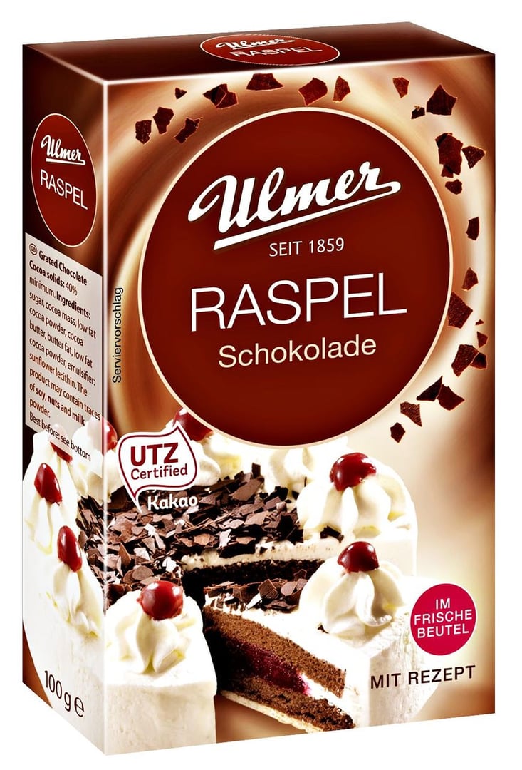 Ulmer Schokoladen - Raspelschokolade Kakaoanteil 40 % - 100 g Schachtel