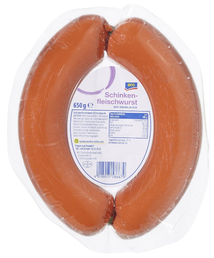 aro - Schinkenfleischwurst im Ring, mit Knoblauch gekühlt vac.-verpackt - 1 x 650 g Packung