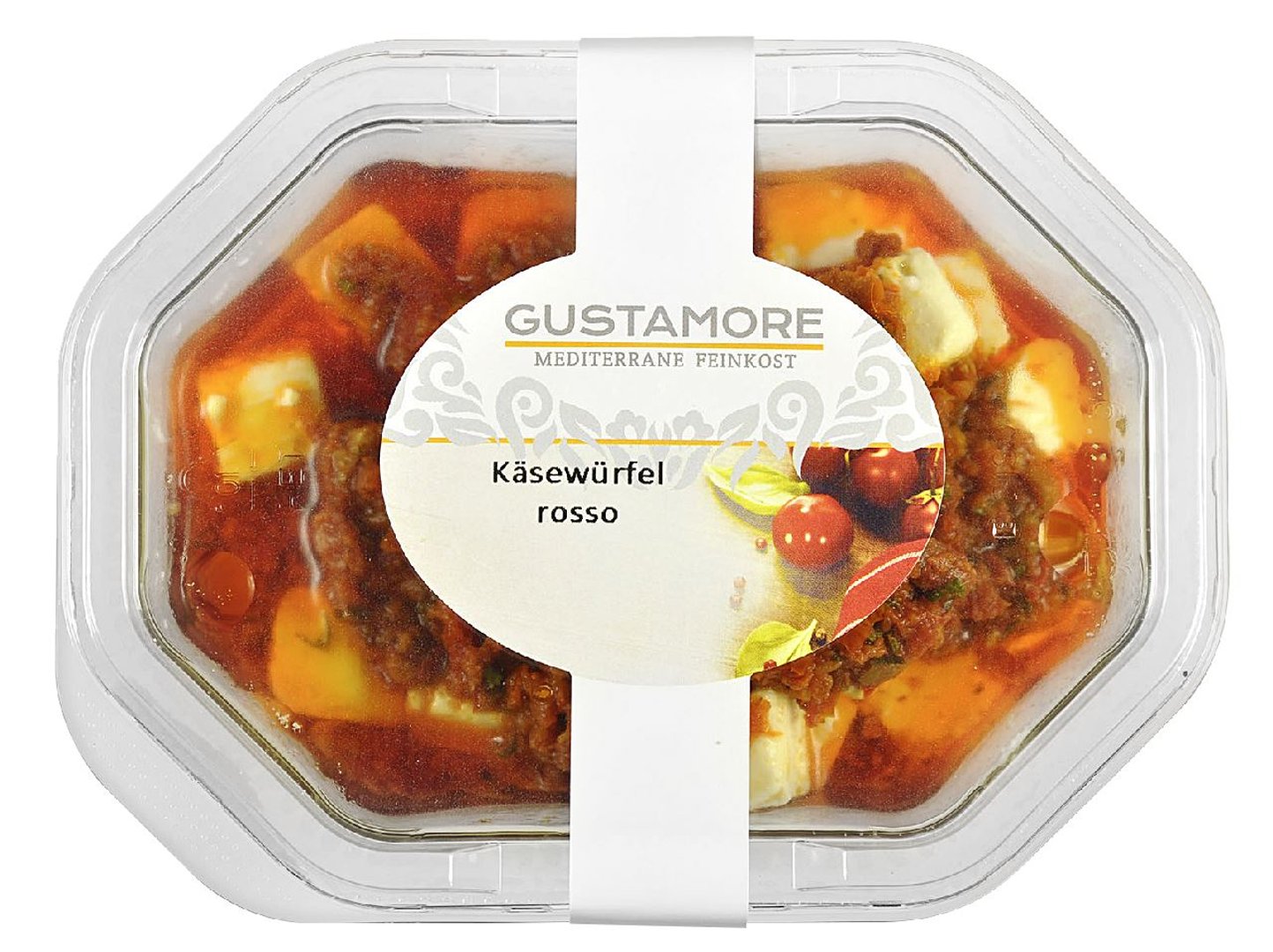Gustamore - Fetawürfel rosso in Tomaten-Peperoni-Paste, in Öl - 160 g Schale