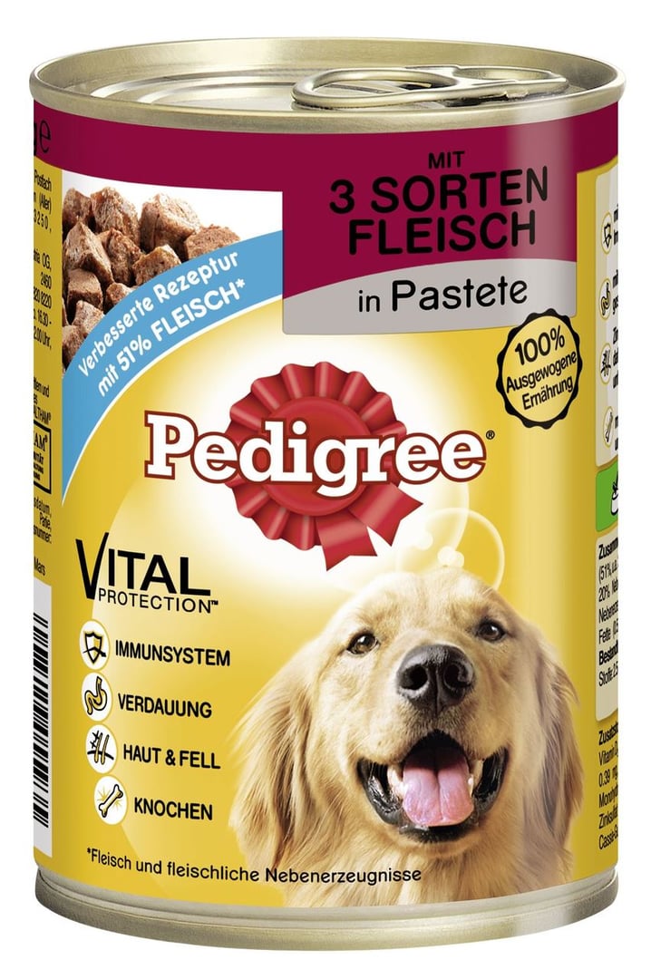 Pedigree - Hundefutter Adult 3 Sorten Fleisch Rind, Lamm, Huhn - 12 x 800 g Dosen
