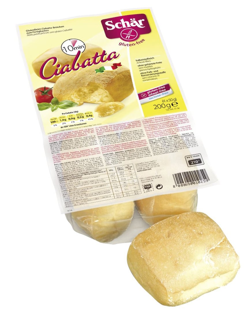 Schär - Ciabatta vorgebacken frei von Milch und Eiern glutenfrei laktosefrei 2 Stück à 100 g - 1 x 200 g Stück